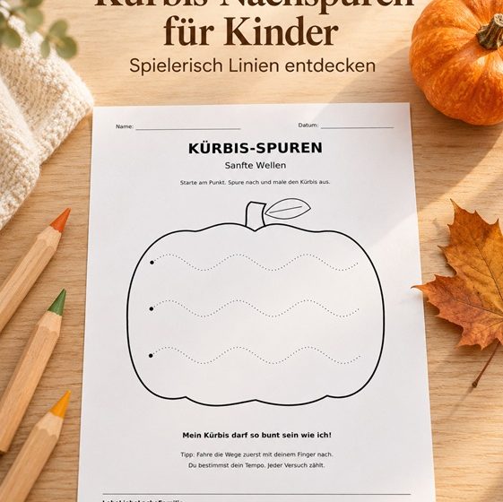 Kürbis-Nachspurvorlage mit gepunkteten Wellen zum Nachspuren und Ausmalen von LebeLiebeLacheFamilie