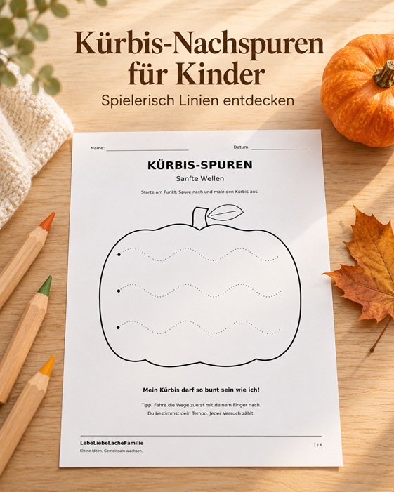 Kürbis-Nachspurvorlage mit gepunkteten Wellen zum Nachspuren und Ausmalen von LebeLiebeLacheFamilie