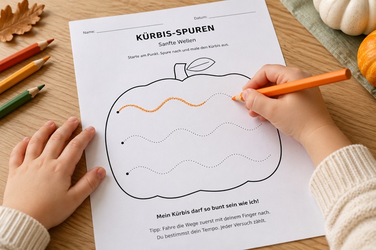 Kürbis-Nachspurvorlage mit gepunkteten Wellen zum Nachspuren und Ausmalen von LebeLiebeLacheFamilie