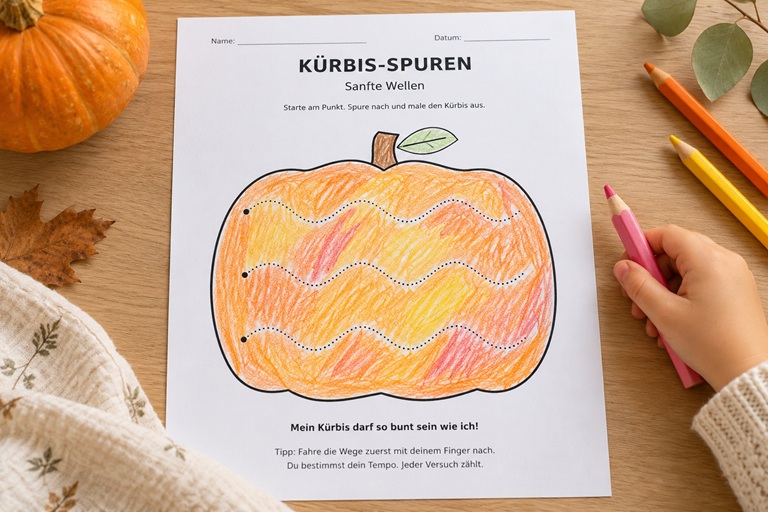 Kürbis-Nachspurvorlage mit gepunkteten Wellen zum Nachspuren und Ausmalen von LebeLiebeLacheFamilie