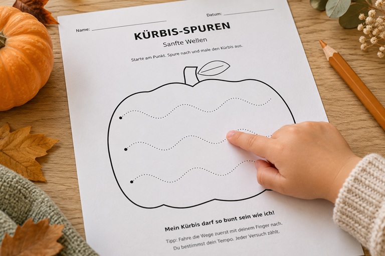 Kürbis-Nachspurvorlage mit gepunkteten Wellen zum Nachspuren und Ausmalen von LebeLiebeLacheFamilie