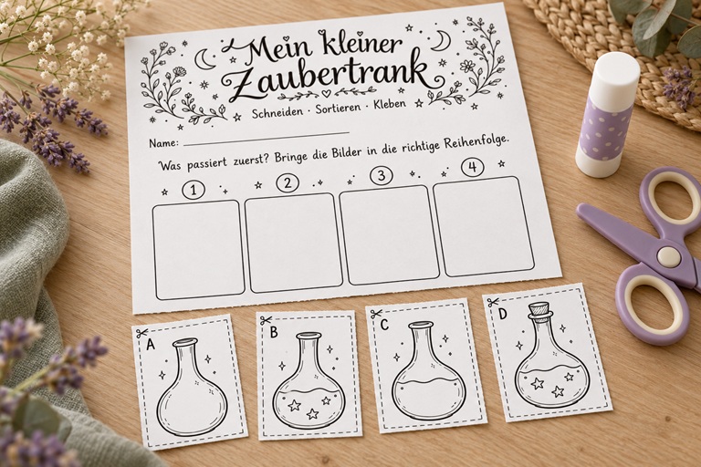 Vier Bilder, ein kleiner Zaubertrank: Mit diesen liebevoll gestalteten Vorlagen können Kinder ausschneiden, Reihenfolgen entdecken und eigene Geschichten erfinden.