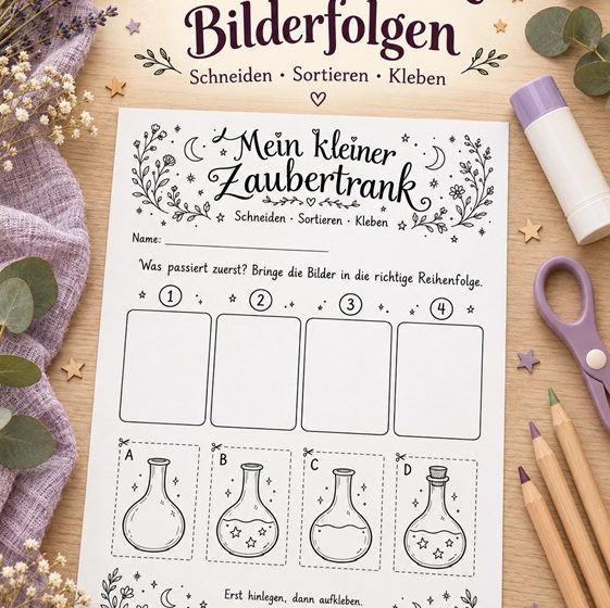 Vier Bilder, ein kleiner Zaubertrank: Mit diesen liebevoll gestalteten Vorlagen können Kinder ausschneiden, Reihenfolgen entdecken und eigene Geschichten erfinden.