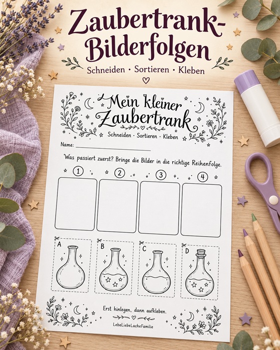 Vier Bilder, ein kleiner Zaubertrank: Mit diesen liebevoll gestalteten Vorlagen können Kinder ausschneiden, Reihenfolgen entdecken und eigene Geschichten erfinden.