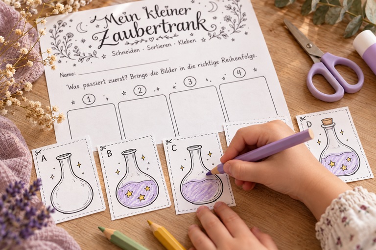 Vier Bilder, ein kleiner Zaubertrank: Mit diesen liebevoll gestalteten Vorlagen können Kinder ausschneiden, Reihenfolgen entdecken und eigene Geschichten erfinden.