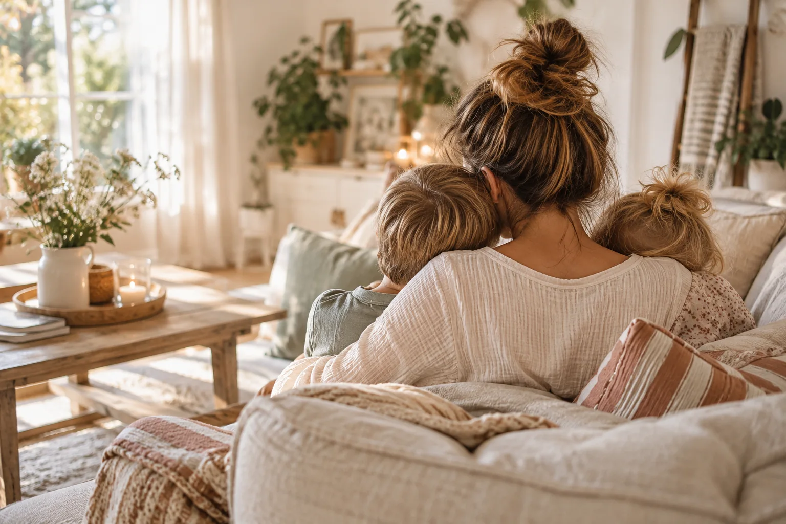 Mutter mit Kindern in einem gemütlichen Zuhause